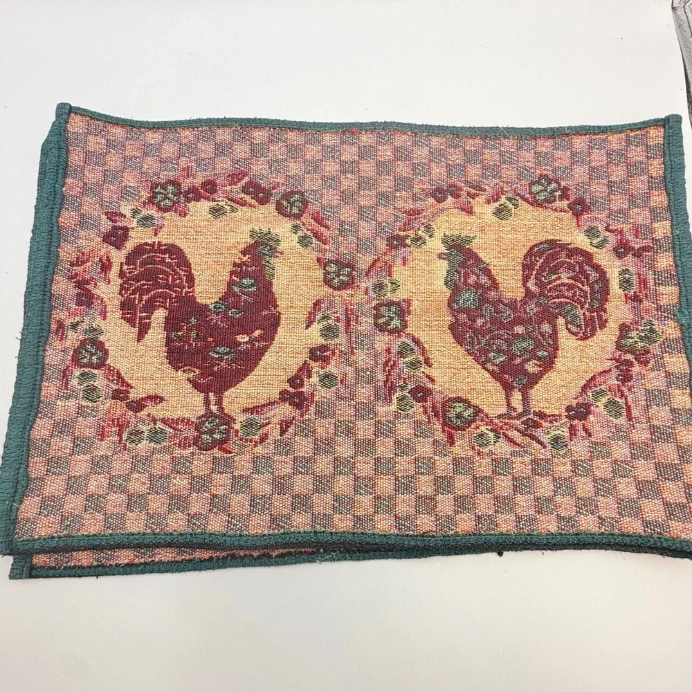Set of 4 Woven Tapestry Rooster Placemats Farmhouse Country Checkered Floral